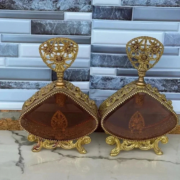 Ormolu Large Cherub Perfume Bottle w/ Amber Glass - Gold Gilt - Vintage - Picture 6 of 13